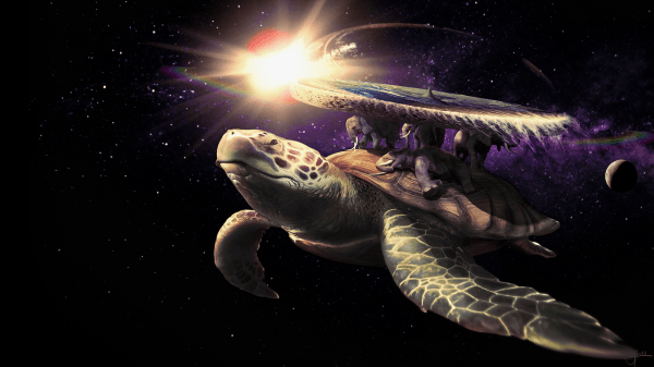 Die Welt ruht auf den Rücken von vier Elefanten (Berilia, Tubul, Groß-T'Phon und Jerakeen), die wiederum auf dem Rücken der Sternen-Schildkröte Groß-A’Tuin stehen. Die durch den Weltraum „schwimmende“ Schildkröte ist ein von der indischen Mythologie inspiriertes Weltbild.